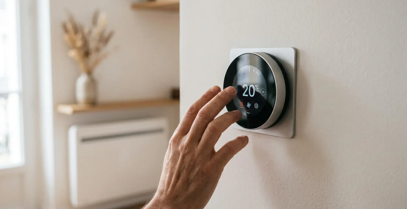 Main d'un adulte réglant la température sur un thermostat connecté mural moderne affichant 20°C, installé dans un intérieur résidentiel contemporain français