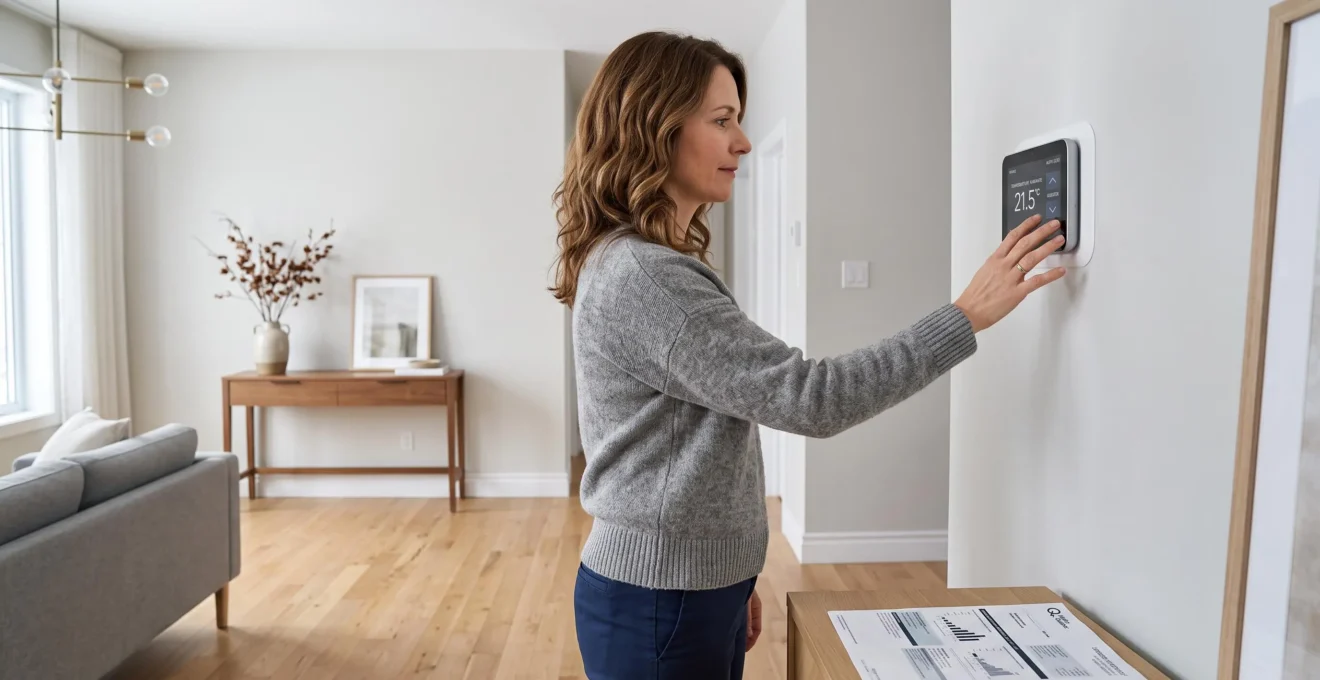 Propriétaire ajustant un thermostat programmable mural dans un intérieur résidentiel québécois moderne, avec documents de suivi de consommation Hydro-Québec visibles sur table