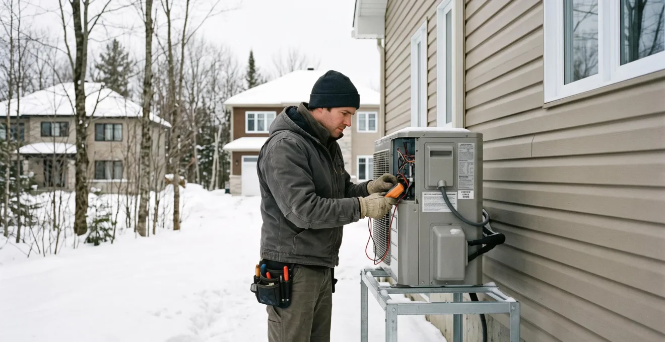 Technicien CVC certifié effectuant une intervention de maintenance sur une unité extérieure de thermopompe installée sur la façade d'une maison unifamiliale québécoise en hiver, avec neige au sol et quartier résidentiel des Laurentides en arrière-plan