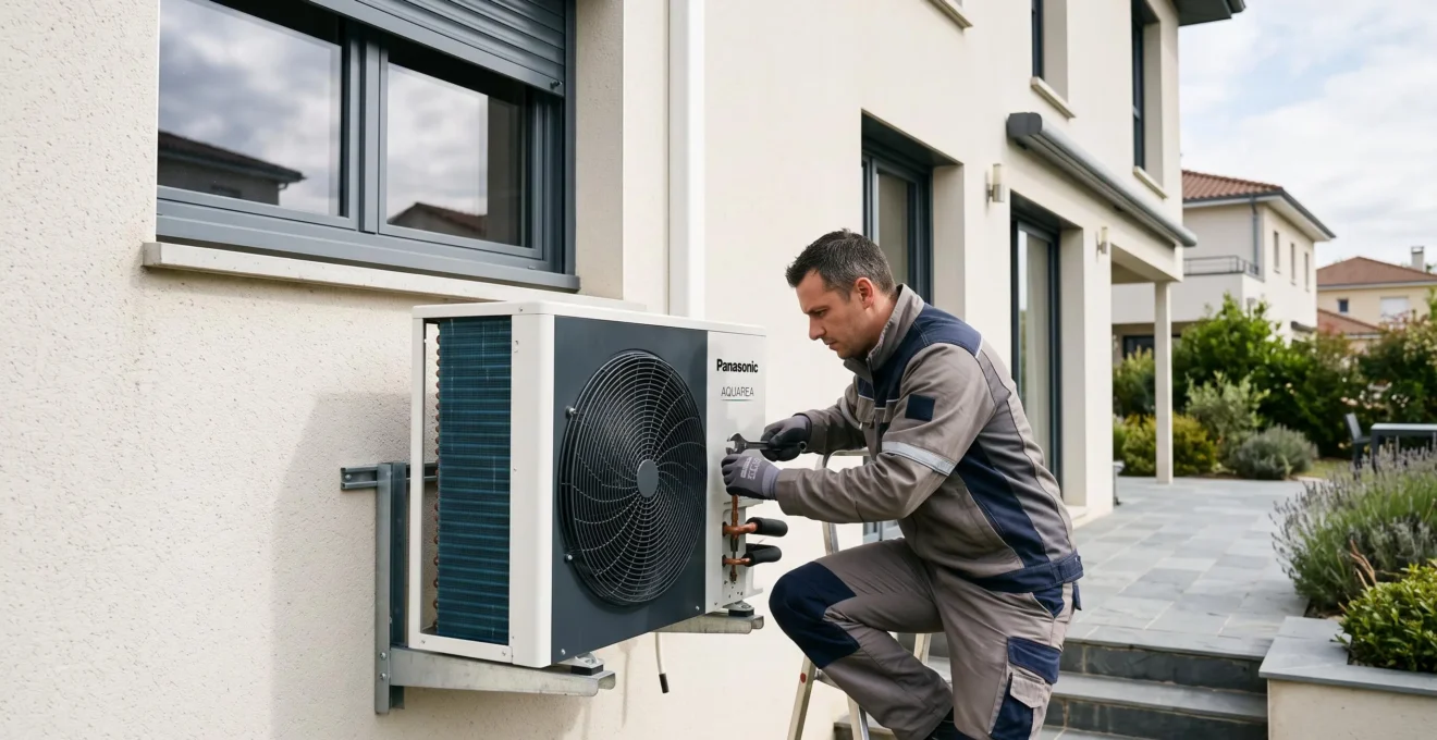 Technicien professionnel installant une pompe à chaleur air-eau sur le mur extérieur d'une maison individuelle française, effectuant le raccordement des conduites frigorifiques avec précision
